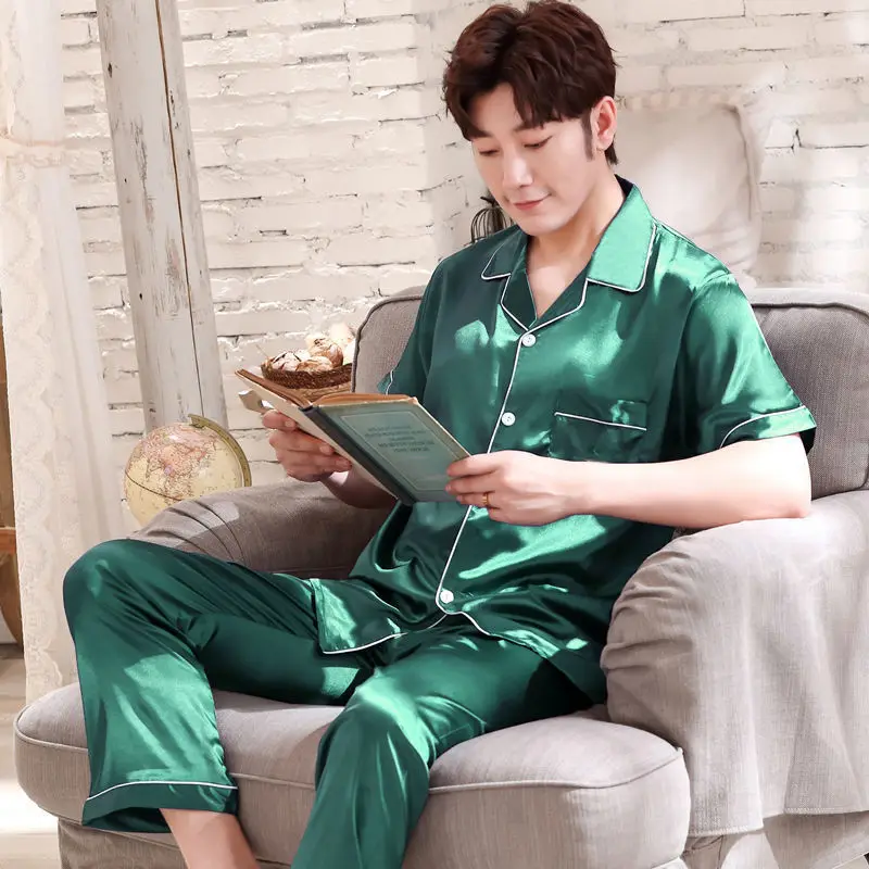 Top Trends: Men Pajama Sets Silk Satin Pijama Turn-down Collar Sleepwear Long Sleeve Spring Nightwear Male 2 Pieces Sets Homewear Shoppable Styles - Image 2