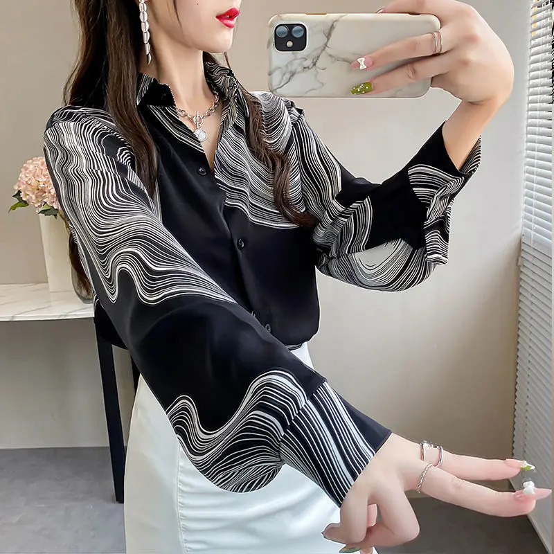 Top Trends: Elegant Lapel Lantern Sleeve Printed Button Chiffon Shirt Oversized Casual Long Sleeve Women Clothing Loose Office Lady Blouse Shoppable Styles