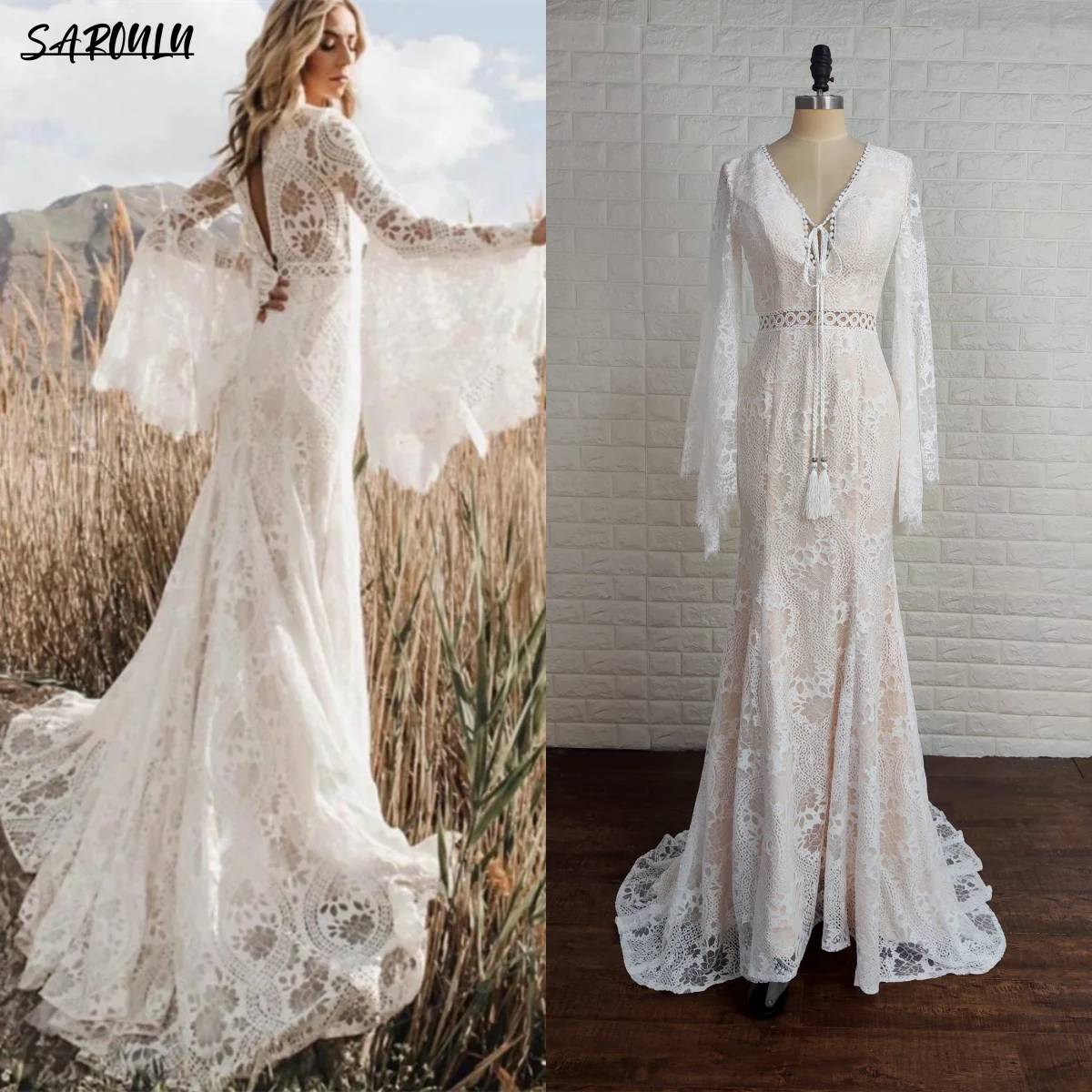 Top Trends: Flare Sleeves Boho Wedding Dress V Neck Long Bell Sleeve Backless Cut Out Lace Destination Elopement Bridal Gown Hippie Bride Shoppable Styles