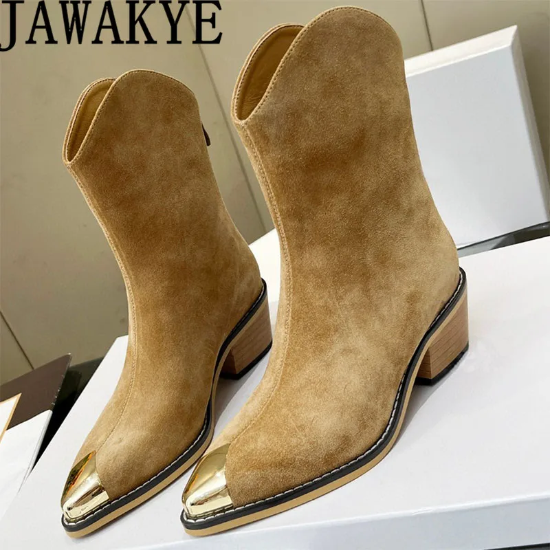 Top Trends: Winter Designer Shoes Women Chelsea Boots Metal Toe Back Zip Short Boots Women Pointed Toe Chunky Heel Ankle Boots Suede Leather Shoppable Styles