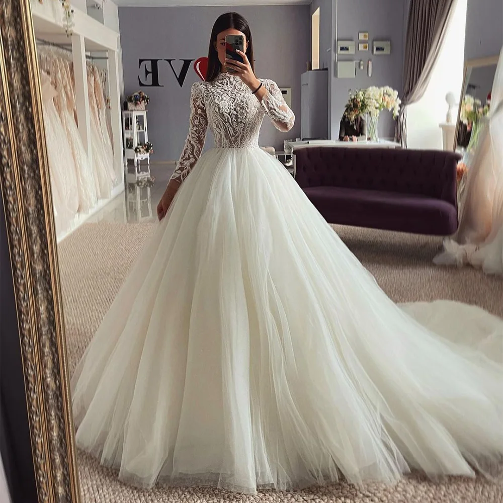 Top Trends: Merioslove Boho Lace Appliques Beadings Wedding Dresses High-Neck Long Sleeves A-Line Princess Wedding Gown Bohemian Bridal Gown Shoppable Styles