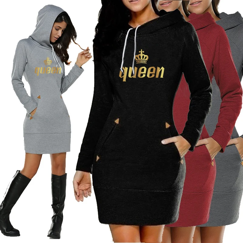 Top Trends: 2023 Fashion Queen Printed Women Long Sleeve Hoodie Dress With Pockets Autumn Winter Slim Fit Pullover Hoodies Sweatshirt Dress Shoppable Styles