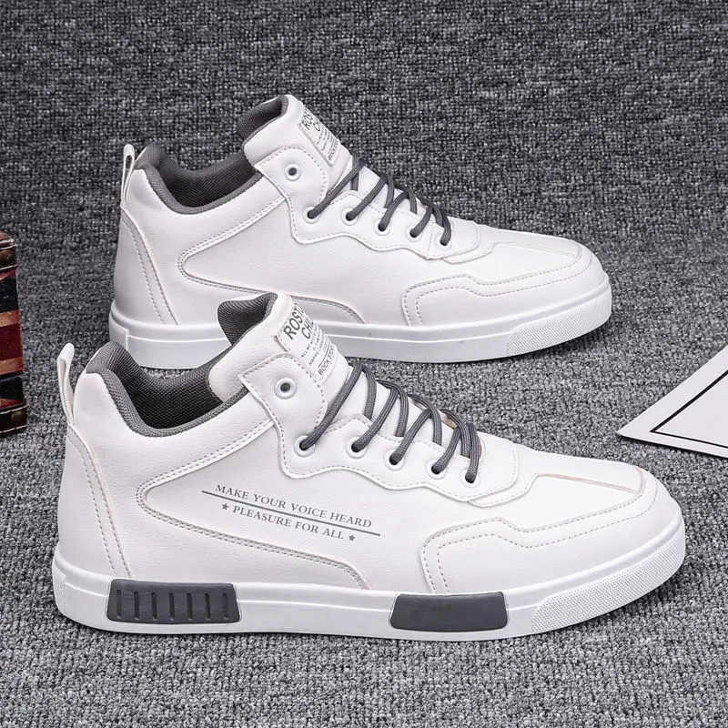 Top Trends: White High Top Men Sneakers Lace Up Leather Sports Shoes Big Size 45 Man Vulcanized Sneakers Tenis Trainers Male Casual Shoes Shoppable Styles