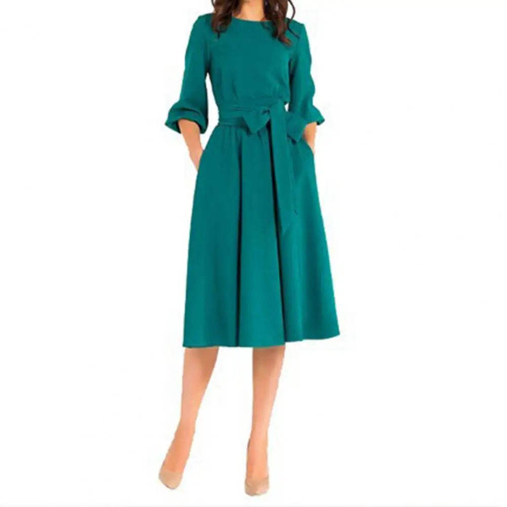 Top Trends: Autumn Vintage Soild Lantern Sleeve A-Line Dress Women Elegant O-Neck Half Sleeve Pocket Sashes Knee Length Dresses For Office Shoppable Styles