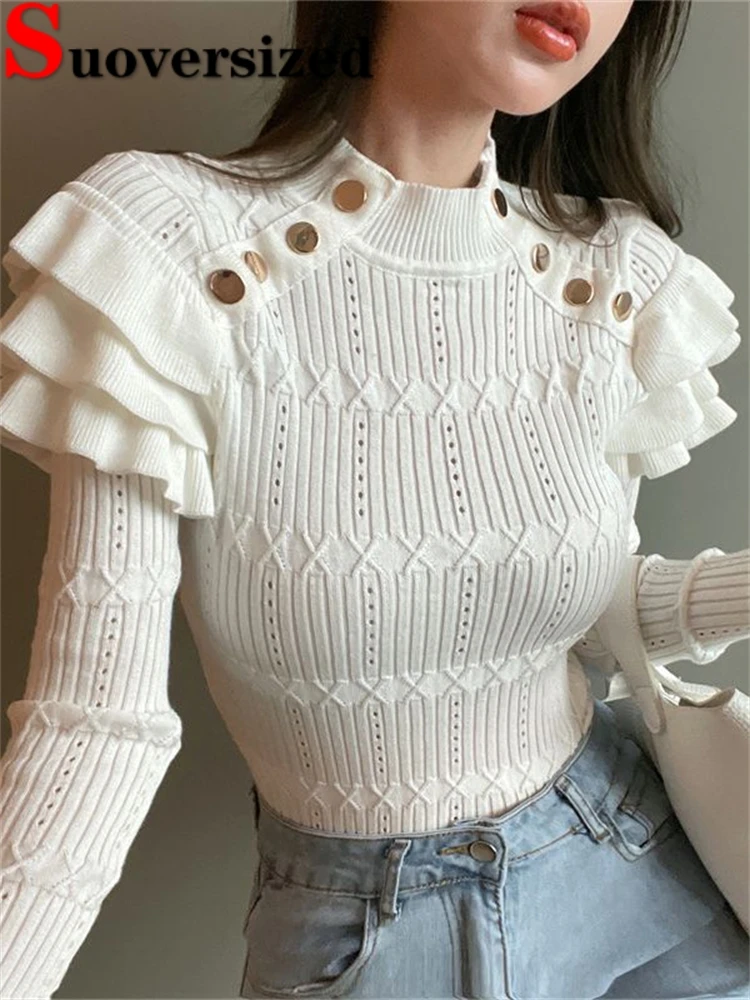 Top Trends: Half Turtleneck Ruffle Knitted Tops Slim Thick Knitwear Pullover Korean Design Jumper Fall Winter Button Elegant Women Sweater Shoppable Styles