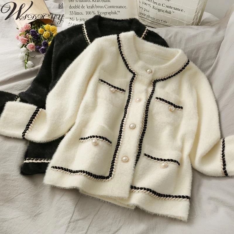 Top Trends: Mink Knitted Cardigans Coat Women Korean Fashion Cashmere Single Breasted Sweater Outwear Warm Winter Long Sleeve Knitwear Top Shoppable Styles