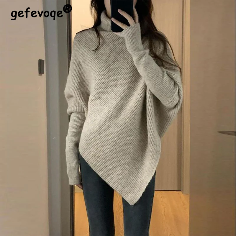 Top Trends: 2022 Autumn Winter Korean Fashion Irregular Turtleneck Solid Oversized Knitted Sweaters Women Solid Long Sleeve Pullovers Jumper Shoppable Styles