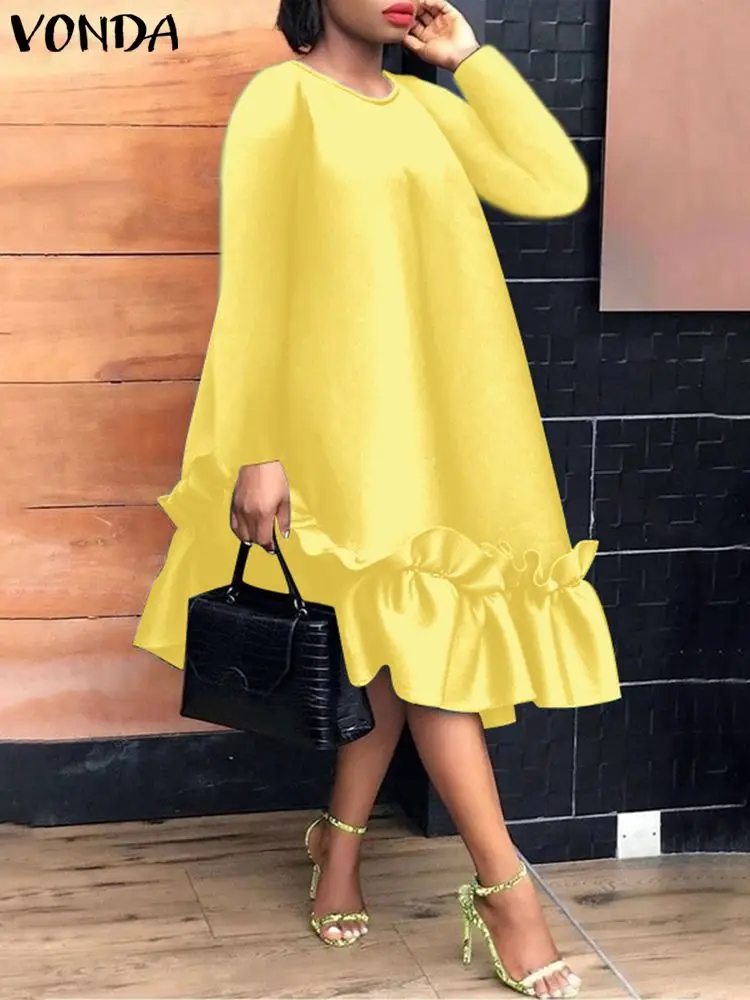 Top Trends: VONDA Summer Dress 2023 Women Casual Solid Color Sundress Vintage Long Sleeve Ruffled Party Vestidos Robe Femme Shoppable Styles