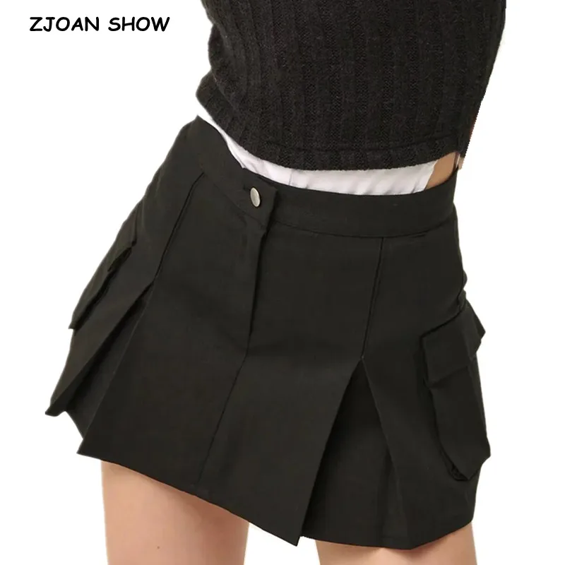 Top Trends: 2023 Y2K American Retro Women Black Ruched Pleated High Waist Mini Skirt Side Pockets A-line Short Saia Skirt Cool Girl Shoppable Styles