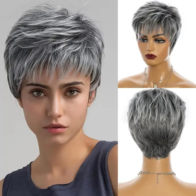 Top Trends: Short Wigs With Bangs For Women Pixie Cut Hairstyle Grey Ombre Soft Heat Resistant Synthetic Wig Mommy Daily Wear Shoppable Styles