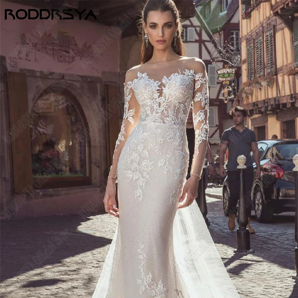 Top Trends: RODDRSYA Mermaid Lace Wedding Dresses Long Sleeves Illusion Back Bride Gowns Lace Applique Scoop Tulle Suknia ślubna 2024 Civil Shoppable Styles