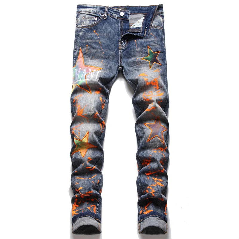 Top Trends: EH·MD Orange Splash Ink Jeans Men&#039;s Star Embroidery Patch 3D Printing Soft Casual Cotton Trend Youth Distress Extension Stretch Shoppable Styles