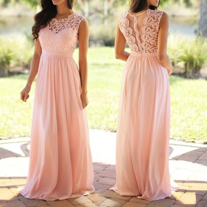 Top Trends: Elegant Chiffon Lace A Line Bridesmaid Dress Long Women Sleeveless O Neck Illusion Back Summer Beach Formal Evening Party Gown Shoppable Styles