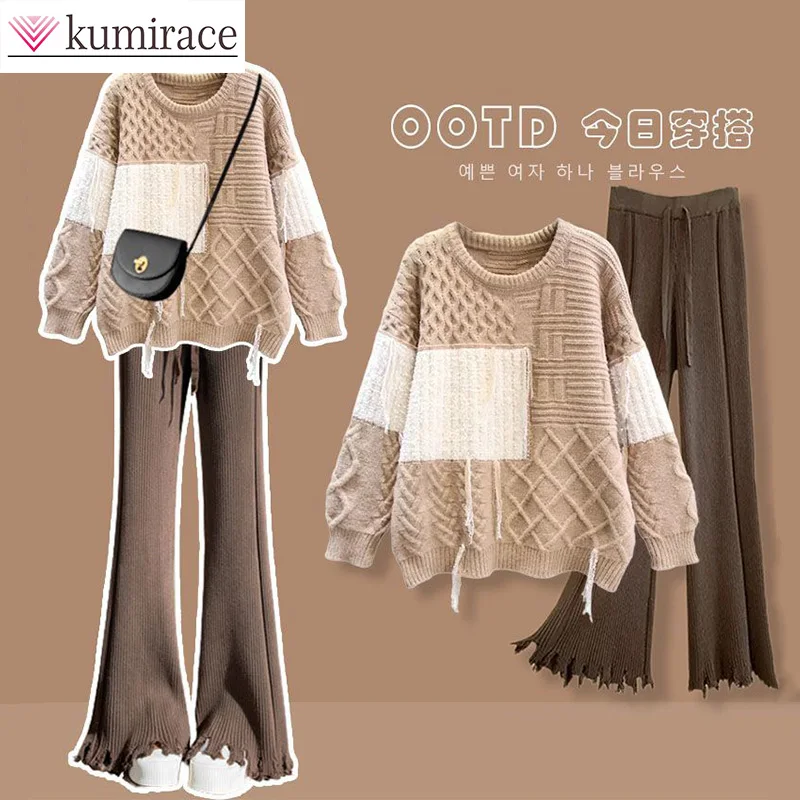 Top Trends: Large Autumn Set Women&#039;s 2023 New Korean Fashion Sweater Knitted Wide Leg Pants Two Piece Set Winter Clothes Women Pant Sets Shoppable Styles