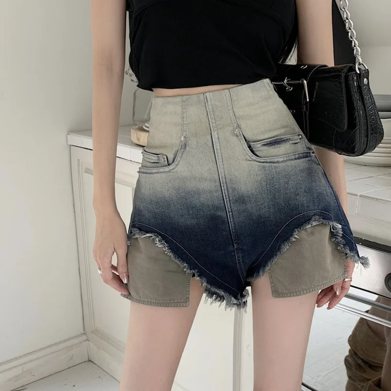 Top Trends: Y2k Streetwear High Waist Denim Shorts Gradient Pocket Design Jeans For Women Fashion Raw Edge Fake Two Piece Denim Shorts Shoppable Styles