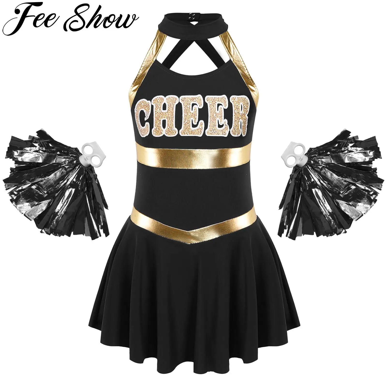 Top Trends: Kids Girls Cheerleading Costumes Uniform Sleeveless Letters Printed Patchwork Dance Dress With Pompoms For Stage Performance Shoppable Styles