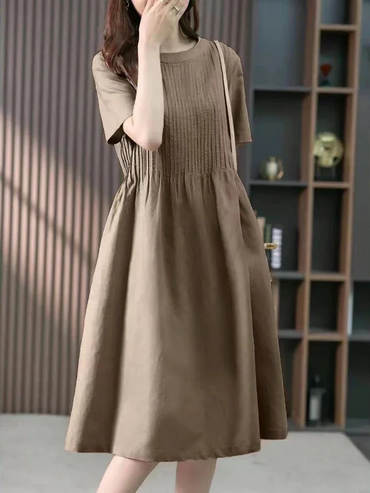 Top Trends: Summer Women Dresses 2023 New Elegant Temperament O-Neck Leisure LOOSE Clothing Knee-Length Korean Fashion Long Dress For Women Shoppable Styles