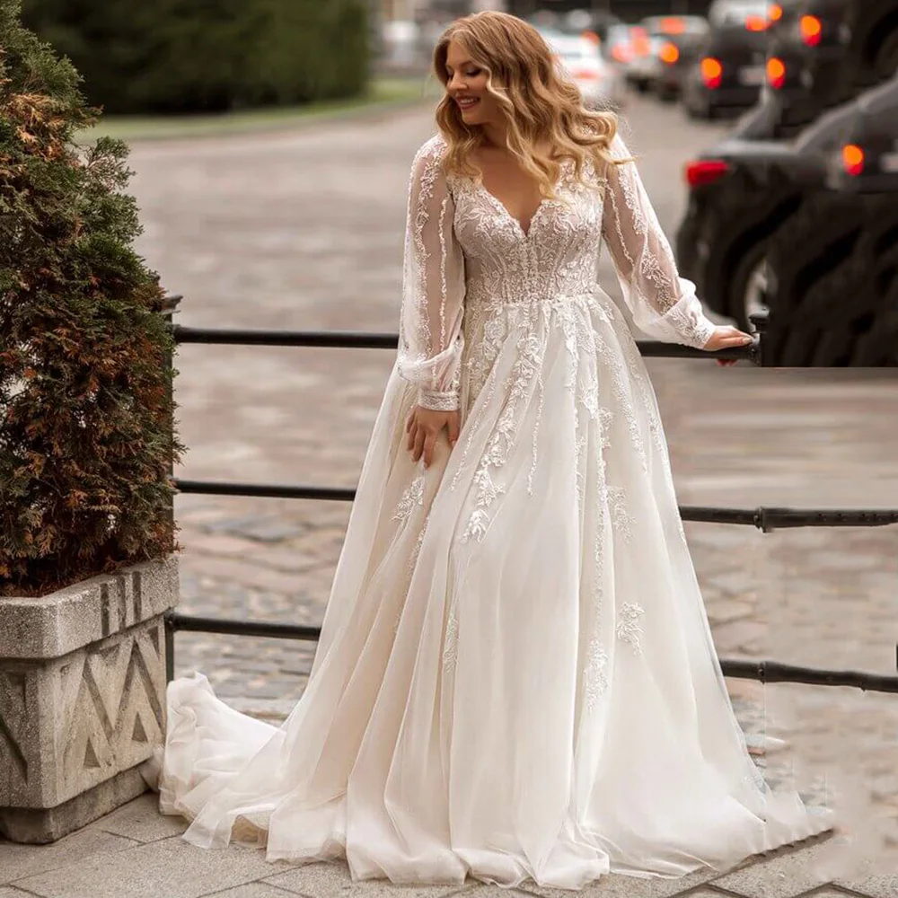 Top Trends: Gorgeous A-line Plus Size Wedding Dresses Tulle Long Sleeve Bridal Gown Sweep Train Oversize Bride Dress Robe De Mariee Shoppable Styles