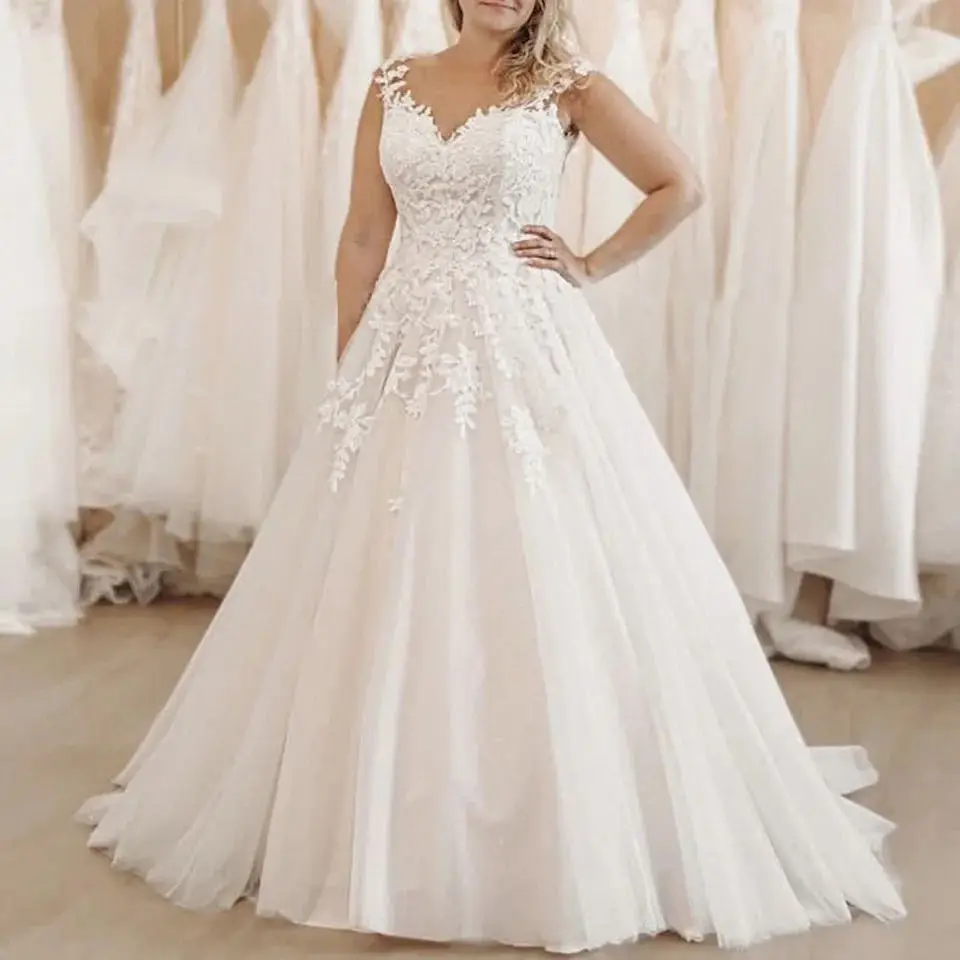 Top Trends: Plus Size A-line Wedding Dresses Princess V-neck Floral Applique Lace Up Back Bridal Gowns Sweep Train White Beach Bride Dress Shoppable Styles