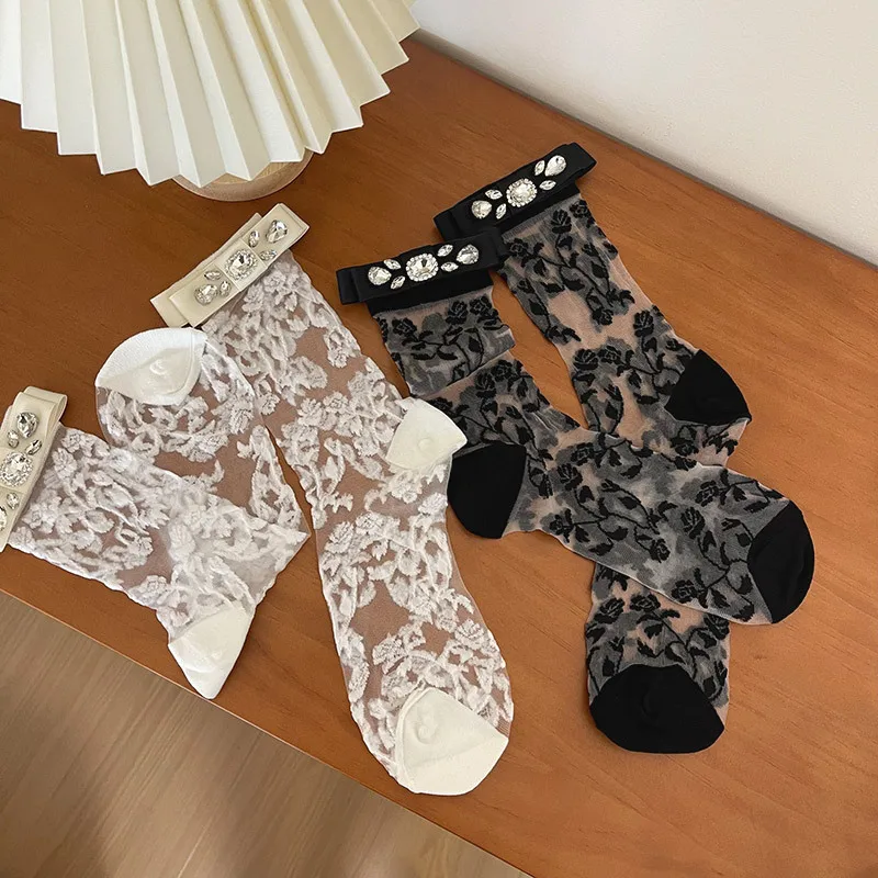 Top Trends: Millennium Y2K Full Diamond Rose Crystal Thin Style Socks Japanese Girls Glass Silk Transparent Summer Pile Socks Shoppable Styles