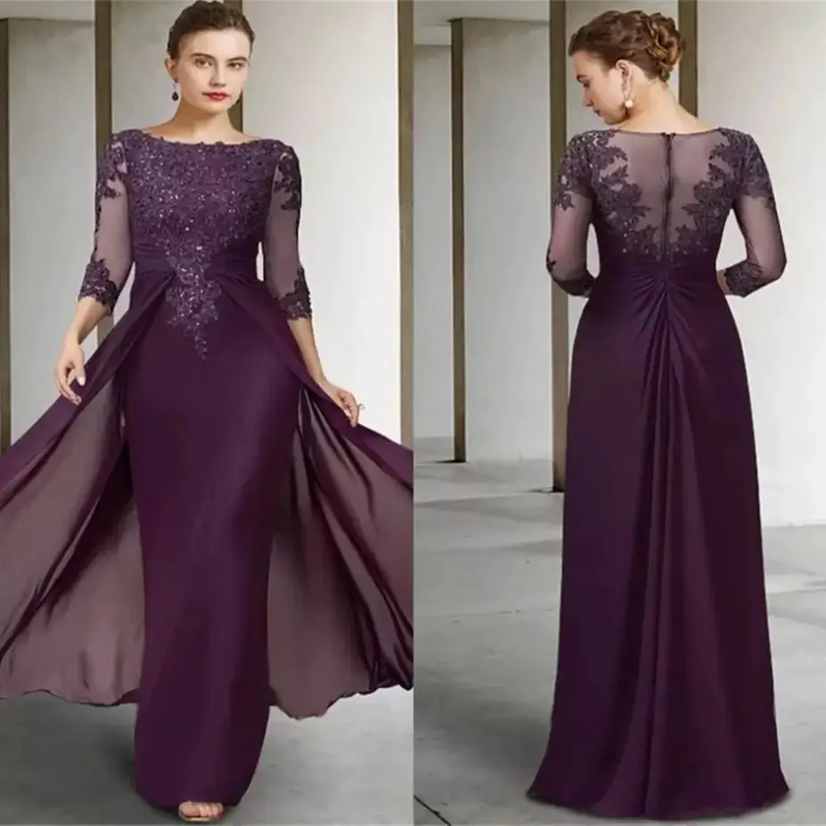 Top Trends: Elegant Party Dresses Purple Chiffon Mother Bride Dress Jewelry Sequin Applique Long Sleeve Front Side Pull Pleats Prom Dress Shoppable Styles