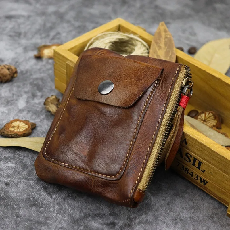 Top Trends: Wrinkled Cowhide Genuine Leather Men&#039;s Coin Purse Genuine Leather Zipper Wallet Retro Key Holder Small Money Bag Men Short Purse Shoppable Styles