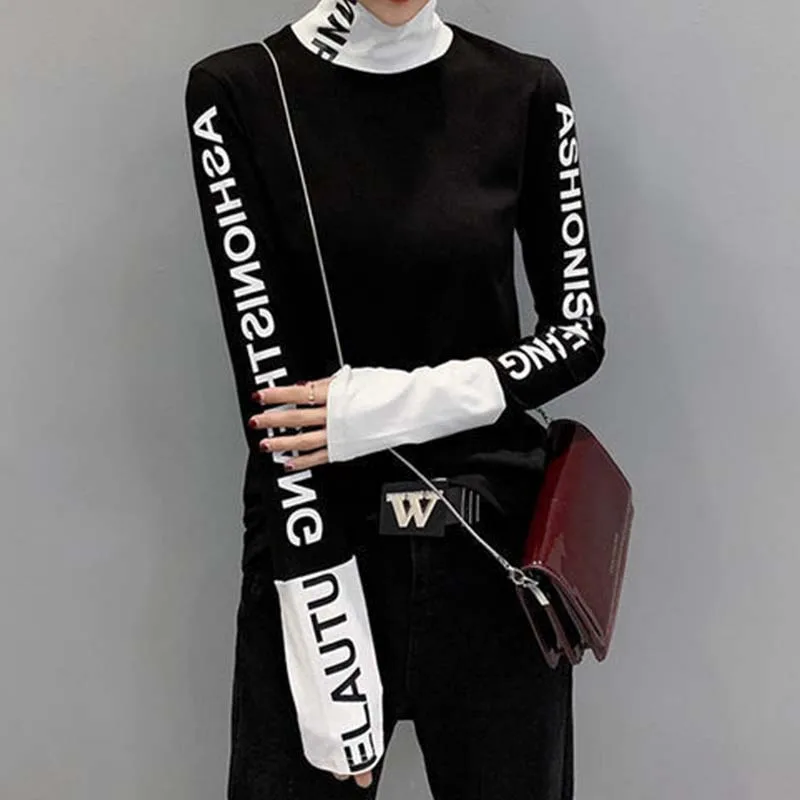 Top Trends: Winter Korean Women's New Long Sleeve Soft Top Tee Elegant Casual Slim Pullover Turtleneck Comfortable All-match Warm Letter Top Shoppable Styles - Image 2