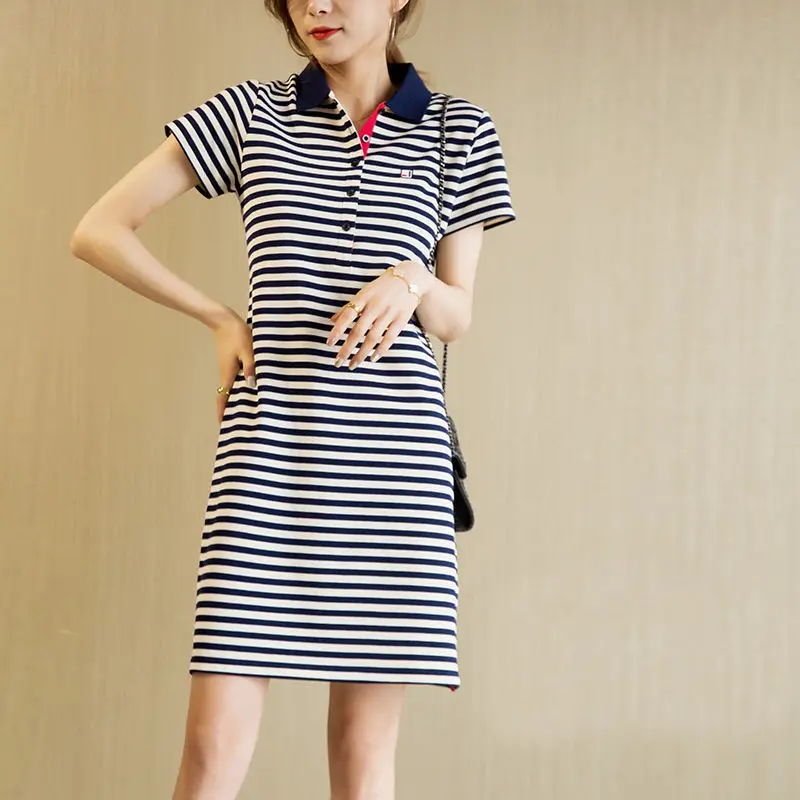 Top Trends: Korean Casual Striped Printed Polo-Neck Dresses Women's Clothing Summer Lady Fashion Loose Button Spliced Short Sleeve Dresses Shoppable Styles