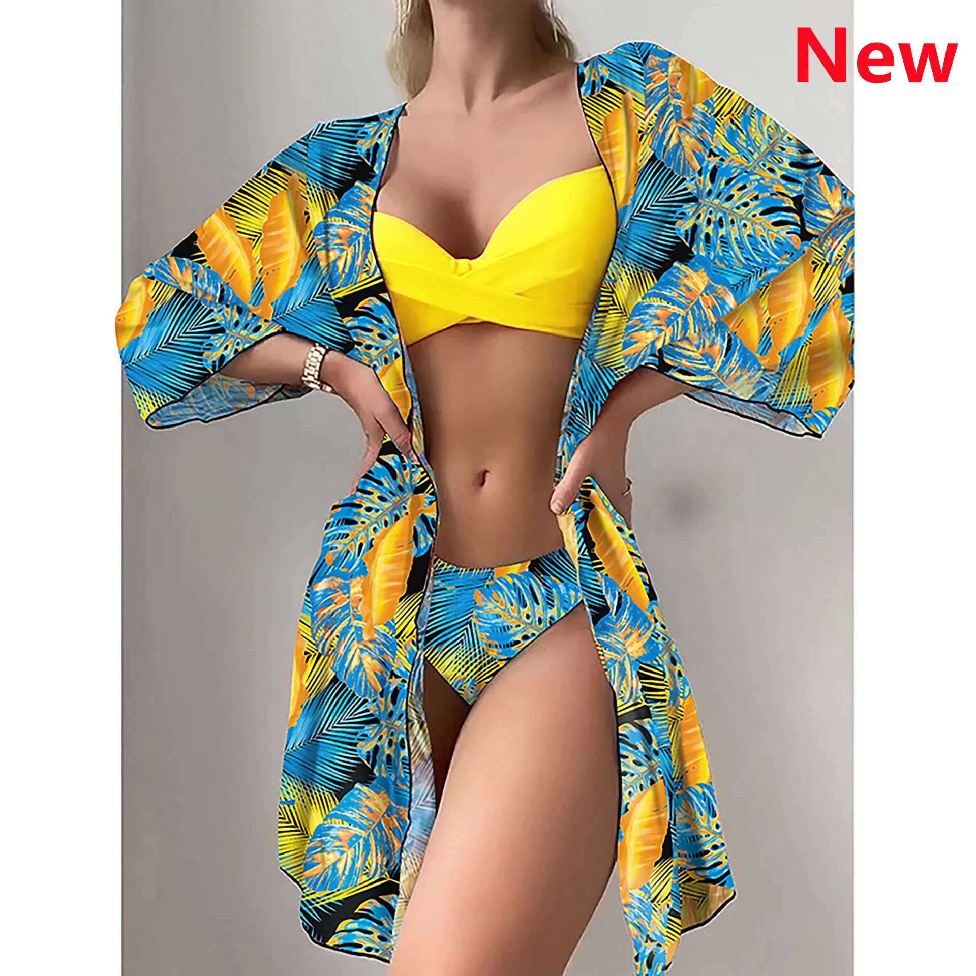 Top Trends: Bikini Set Women Three Pieces Swimsuit Cover Up Swimwear 2024 New Push Up Twist Print Long Sleeve Biquini Beach Bathing Suit Shoppable Styles