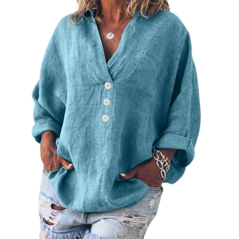 Top Trends: Autumn V Neck Button Decoration Pullover Shirt Women Solid Color Cotton Linen Long Sleeve Blouse Ladies Comfortable Casual Tops Shoppable Styles