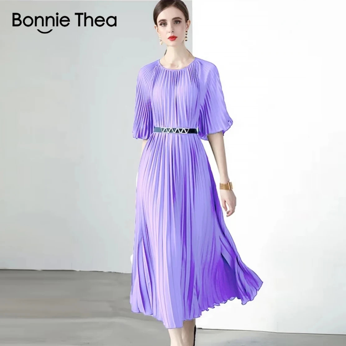 Top Trends: Miyake New Summer Pleated Long Dress Women O-Neck Lace-up Belt Solid Loose Large Size Splicing Vintage Party Dresses 2023 Shoppable Styles