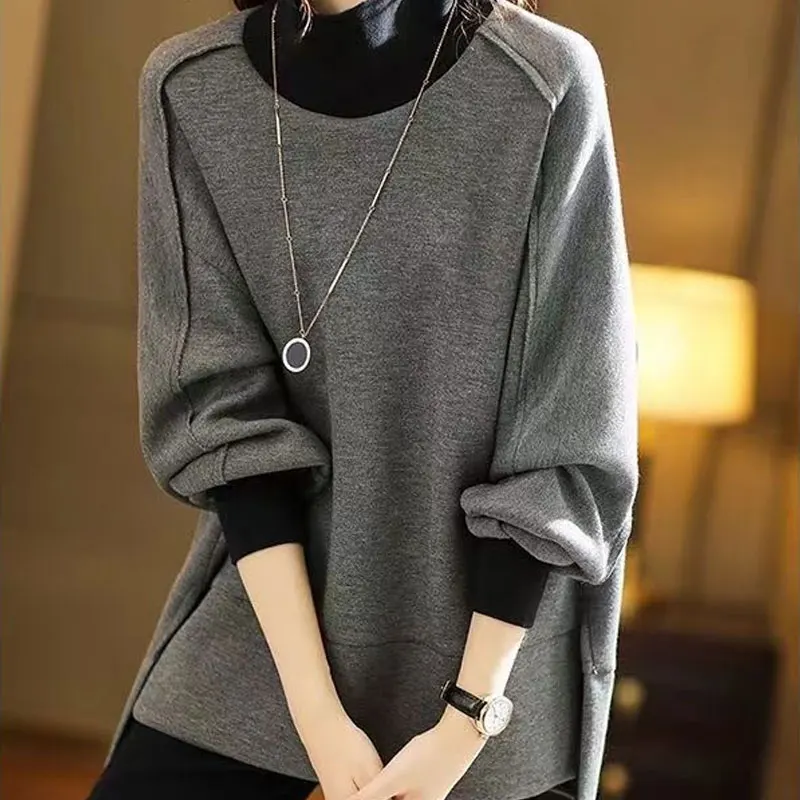 Top Trends: Female Streetwear Loose Solid Color Stylish Asymmetrical Split Pullovers Spring Autumn Turtleneck Patchwork Korean Sweatshirts Shoppable Styles