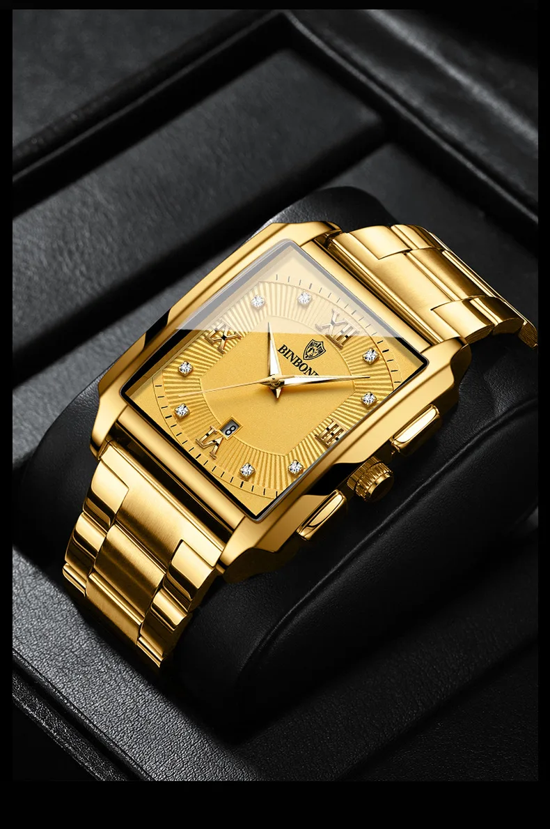 Top Trends: BINBOND Luxury Gold Watch Men Square Japan Quartz Stainless Steel Waterproof Sports Automatic Date Wrist Watches Relogio Masculi Shoppable Styles