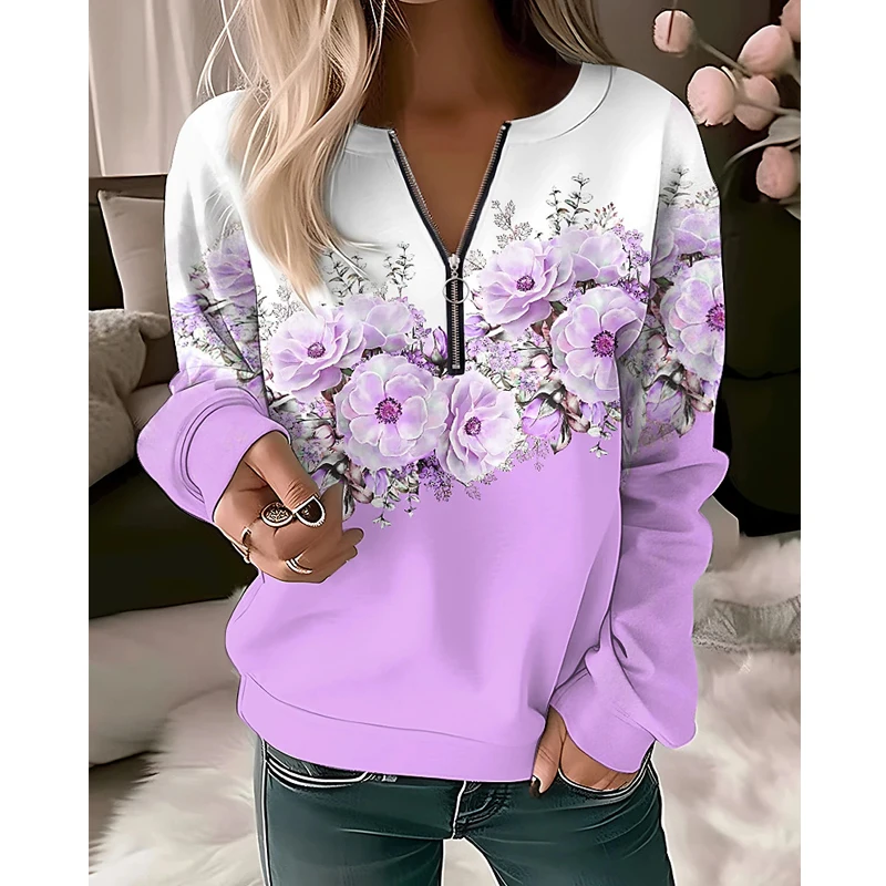 Top Trends: Women Trendy Floral Print Half Zipper Streetwear Sweatshirts 2023 Autumn Casual Long Sleeve Loose Pullover Tops Female Y2K Ropa Shoppable Styles