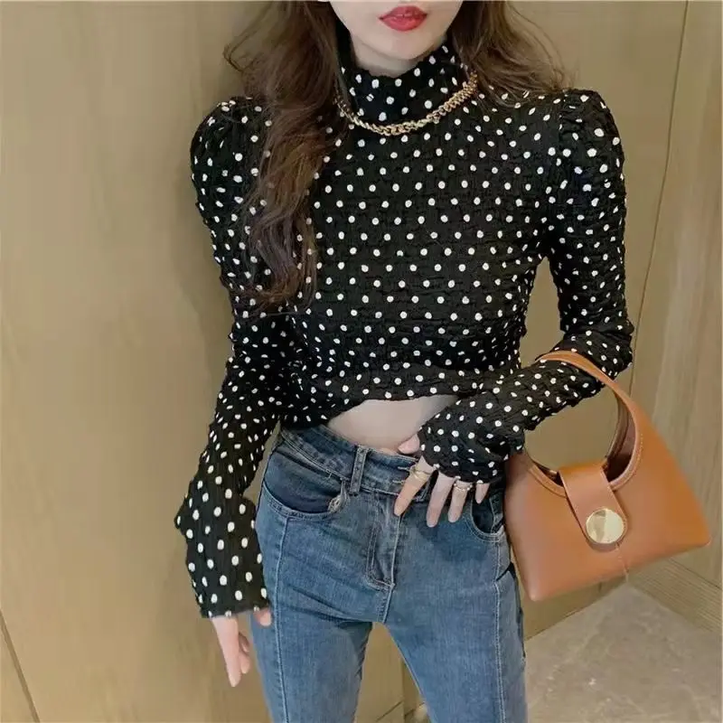 Top Trends: Fashion Printed Turtleneck Polka Dot Puff Sleeve Blouse Female Clothing 2023 Winter New Casual Pullovers Commuter Shirt Shoppable Styles