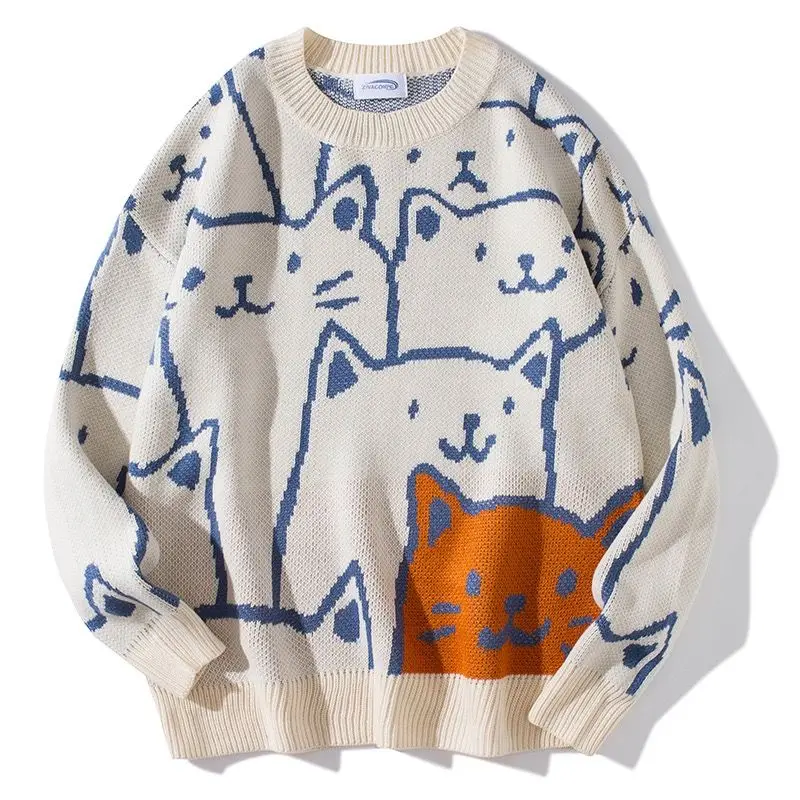 Top Trends: Japanese Harajuku Kawaii Cartoon Cat Knitted Sweater Men Women Vintage Autumn Oversized Loose Pullover Y2K Korean Couple Tops Shoppable Styles