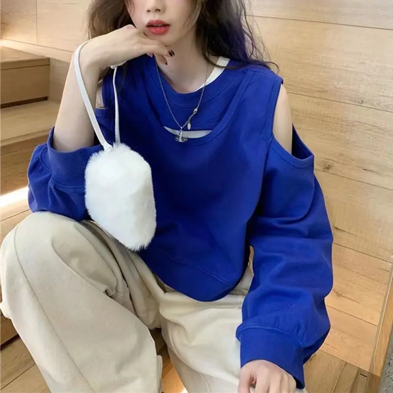 Top Trends: New Fashion Trend Off Shoulder Solid Color Sweatshirts Women's Clothing Autumn Winter Simplicity All-match Hollow Out Pullovers Shoppable Styles - Image 2