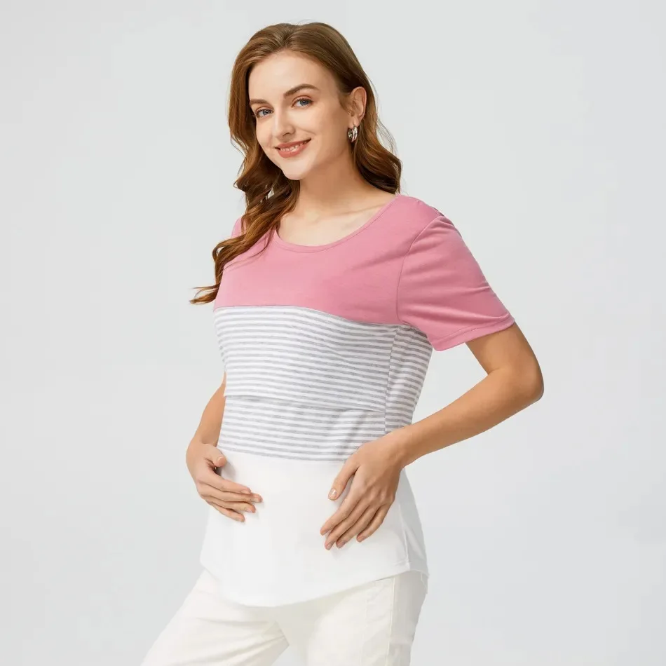 Top Trends: Pregnant Women Nursing T Shirt Maternity Summer Short Sleeve Crew Neck Tees Striped Lactation Top For Breastfeeding Shirt Casual Shoppable Styles