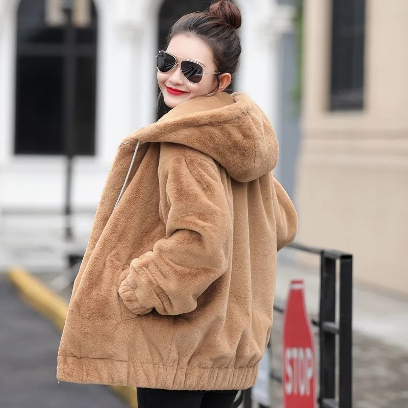 Top Trends: M-4xl Winter Plus Velvet Warm Hooded Imitation Rabbit Hair Coat Women Korean Loose Zipper Midi Faux Fur Coat Streetwear Jackets Shoppable Styles