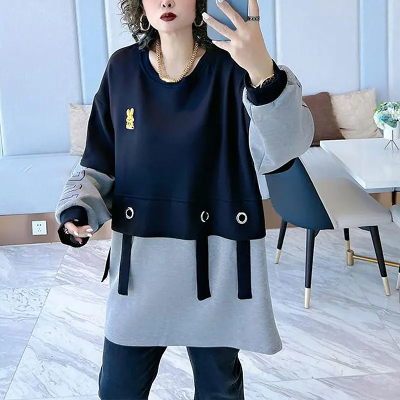 Top Trends: Casual Korean Loose Patchwork Pullovers Spring Autumn New Letter Fake Two Pieces Women's Clothing Fashion Embroidery Sweatshirts Shoppable Styles