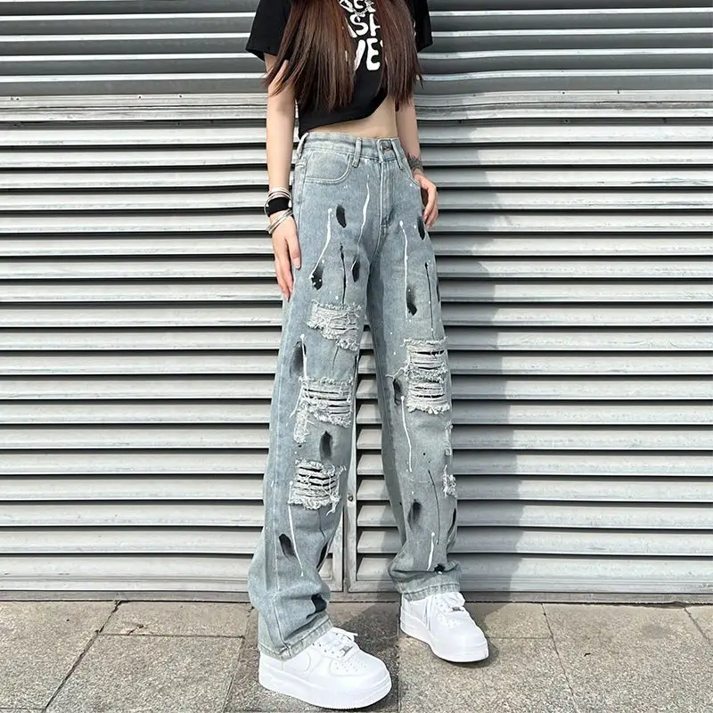 Top Trends: Streetwear High Waist Women Y2k Hole Jeans Koreon Harajuku Hip Hop Fashion Pants Loose Casual Denim Straight Wide Leg Trousers Shoppable Styles