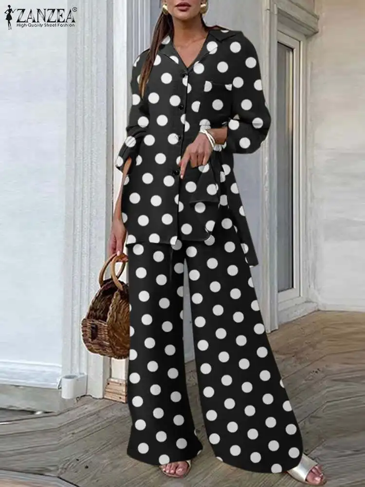 Top Trends: ZANZEA Fashion Elastic Waist Pant Sets 2023 Casual Loose Women Polka Dot Lapel Shirt Tracksuit Wide Leg Trousers 2pcs Outfits Shoppable Styles