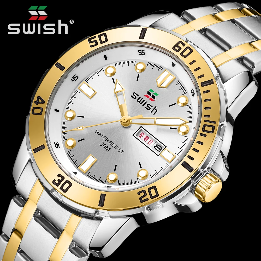 Top Trends: SWISH Luxury Steel Watch For Men Two Tone Gold Wristwatch Quartz Clock Waterproof Male Relogio Masculino Montre Homme Calendar Shoppable Styles