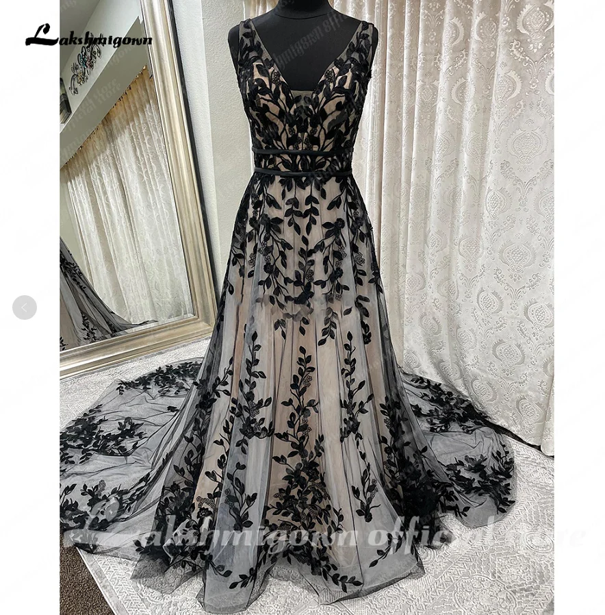 Top Trends: Lakshmigown Gothic Black Long Wedding Dress Sleeve V Neck Lace Appliques 2023 Robe Civi Boho Vestidos De Novia Shoppable Styles