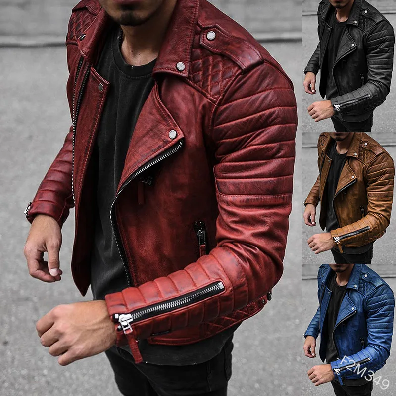 Top Trends: Men Faux Leather Jacket Spring Autumn Slim Solid Zipper Stitching Motorcycle Jacket Men Long Sleeve Turn-down Collar PU Jacket Shoppable Styles