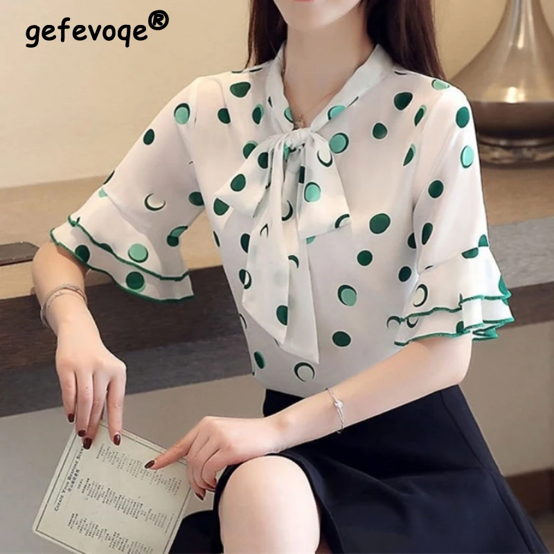 Top Trends: Summer Chiffon Elegant Bow-knot Shirt 2022 Fashion Women&#039;s Short Sleeve Polka Dot Top Spring Casual Ruffles Oversize 4XL Blouse Shoppable Styles