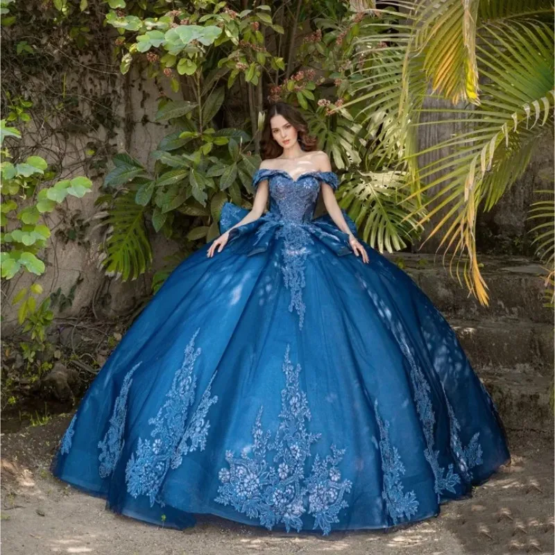 Top Trends: Laboum Navy Blue Tull Appliques Beading Ball Gown Quinceanera Dresses Beaded Off Shoulder Sweet 15 Dress Lace-up Vestidos De 15 Shoppable Styles