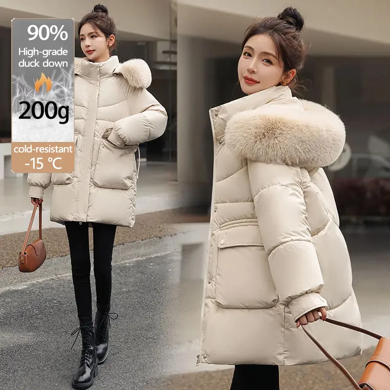 Top Trends: Women's Winter Coats White Duck Down Intensification Loose Woman Winter Coat MIDI Style Large Fur Collar Jackets Shoppable Styles