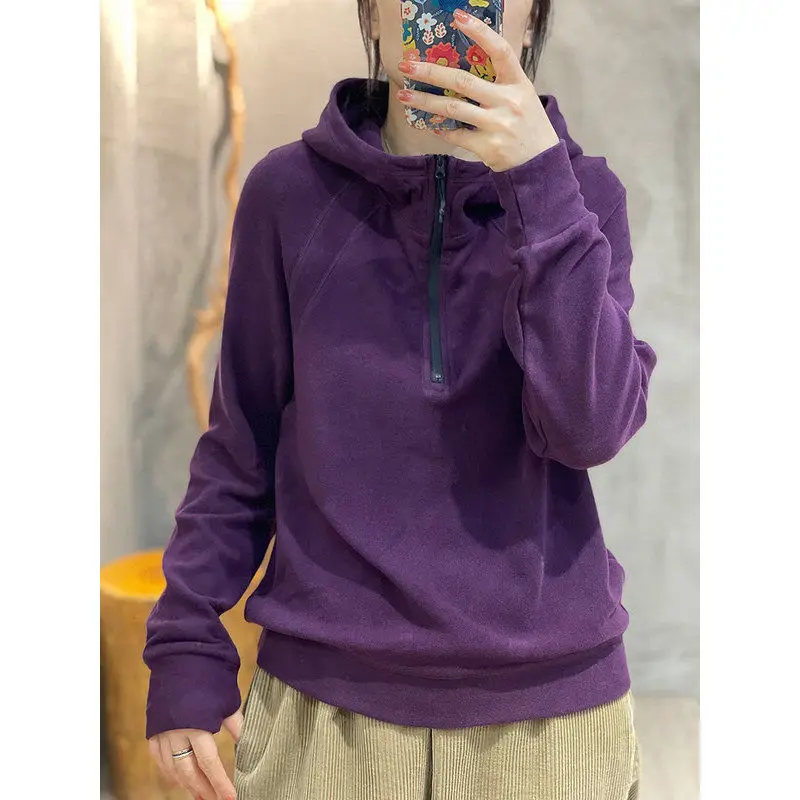 Top Trends: Women's Solid Color Hooded Zipper Patchwork Pullover Hoodies 2023 Autumn And Winter New Commute Loose Long Sleeve Casual Tops Shoppable Styles - Image 5