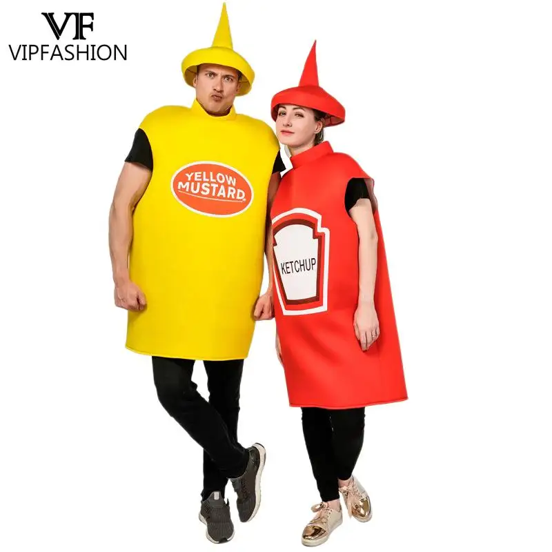 Top Trends: VIP FASHION Unisex Cosplay Costume Halloween Adult Couple Mustard Ketchup Jumpsuit With Cap Women Men Party Funny Food Outfit Shoppable Styles